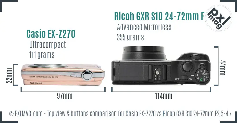 Casio EX-Z270 vs Ricoh GXR S10 24-72mm F2.5-4.4 VC top view buttons comparison
