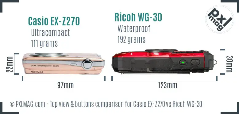 Casio EX-Z270 vs Ricoh WG-30 top view buttons comparison Casio EX-Z270 vs Ricoh WG-30 top view buttons comparison