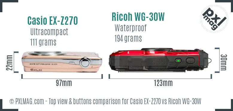 Casio EX-Z270 vs Ricoh WG-30W top view buttons comparison