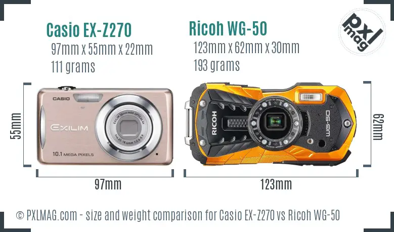 Casio EX-Z270 vs Ricoh WG-50 size comparison