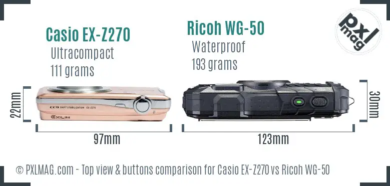 Casio EX-Z270 vs Ricoh WG-50 top view buttons comparison