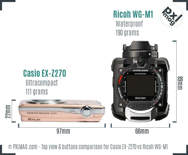 Casio EX-Z270 vs Ricoh WG-M1 top view buttons comparison Casio EX-Z270 vs Ricoh WG-M1 top view buttons comparison