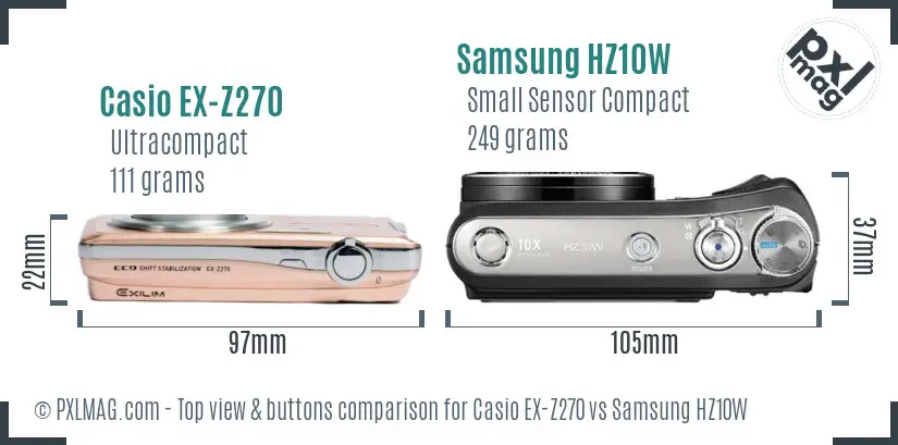 Casio EX-Z270 vs Samsung HZ10W top view buttons comparison Casio EX-Z270 vs Samsung HZ10W top view buttons comparison