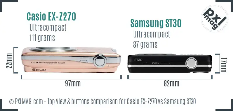 Casio EX-Z270 vs Samsung ST30 top view buttons comparison Casio EX-Z270 vs Samsung ST30 top view buttons comparison