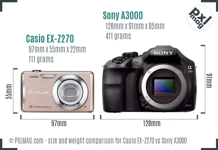 Casio EX-Z270 vs Sony A3000 size comparison