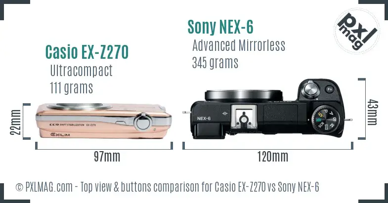 Casio EX-Z270 vs Sony NEX-6 top view buttons comparison Casio EX-Z270 vs Sony NEX-6 top view buttons comparison