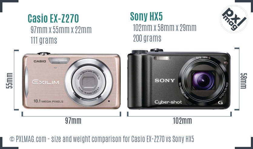 Casio EX-Z270 vs Sony HX5 size comparison