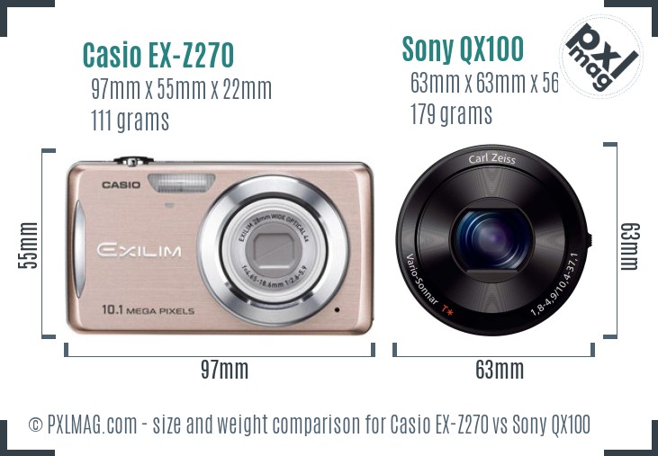 Casio EX-Z270 vs Sony QX100 size comparison