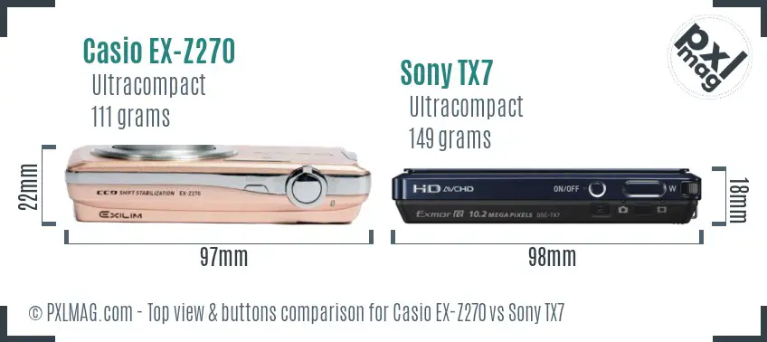 Casio EX-Z270 vs Sony TX7 top view buttons comparison Casio EX-Z270 vs Sony TX7 top view buttons comparison