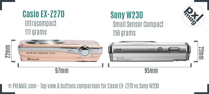 Casio EX-Z270 vs Sony W230 top view buttons comparison Casio EX-Z270 vs Sony W230 top view buttons comparison