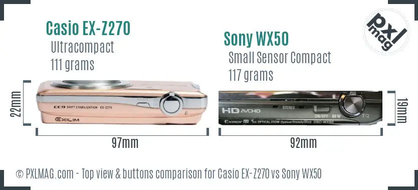 Casio EX-Z270 vs Sony WX50 top view buttons comparison Casio EX-Z270 vs Sony WX50 top view buttons comparison