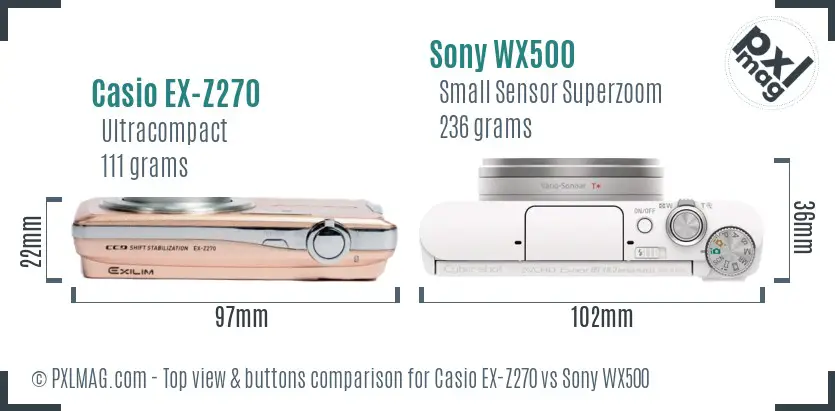 Casio EX-Z270 vs Sony WX500 top view buttons comparison Casio EX-Z270 vs Sony WX500 top view buttons comparison