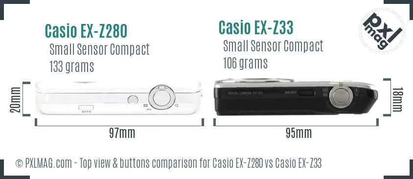 Casio EX-Z280 vs Casio EX-Z33 top view buttons comparison