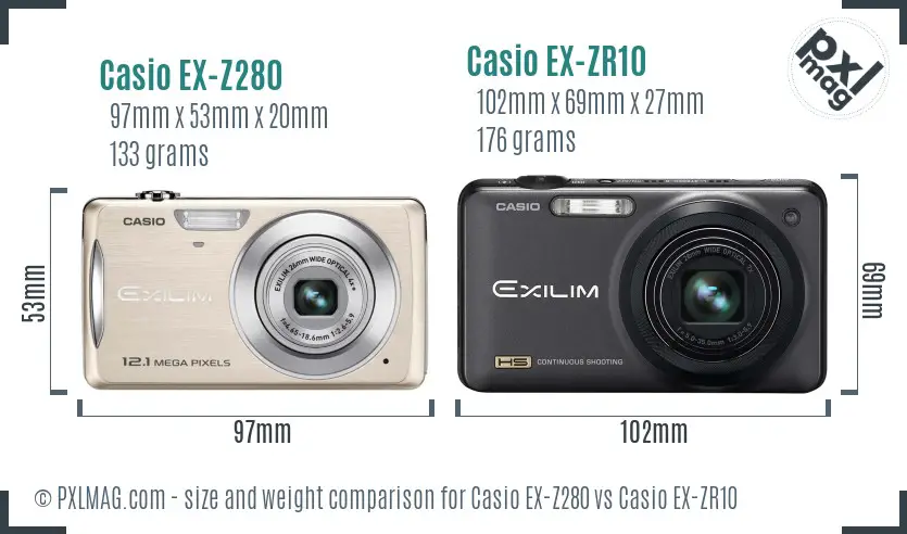 Casio EX-Z280 vs Casio EX-ZR10 size comparison