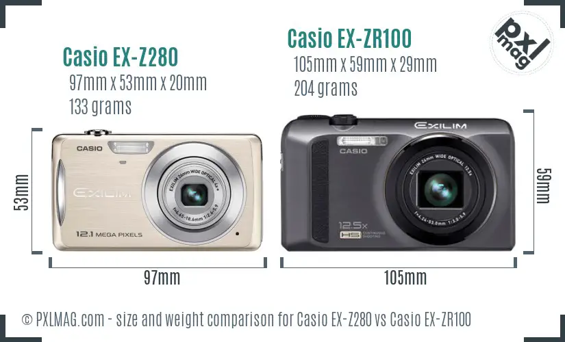 Casio EX-Z280 vs Casio EX-ZR100 size comparison