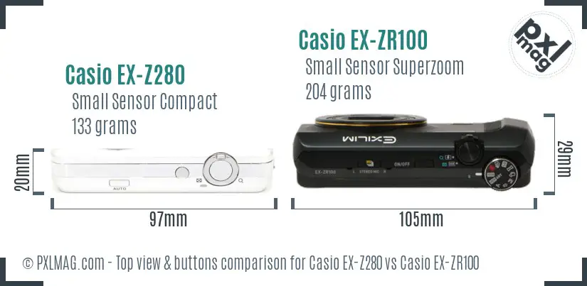 Casio EX-Z280 vs Casio EX-ZR100 top view buttons comparison