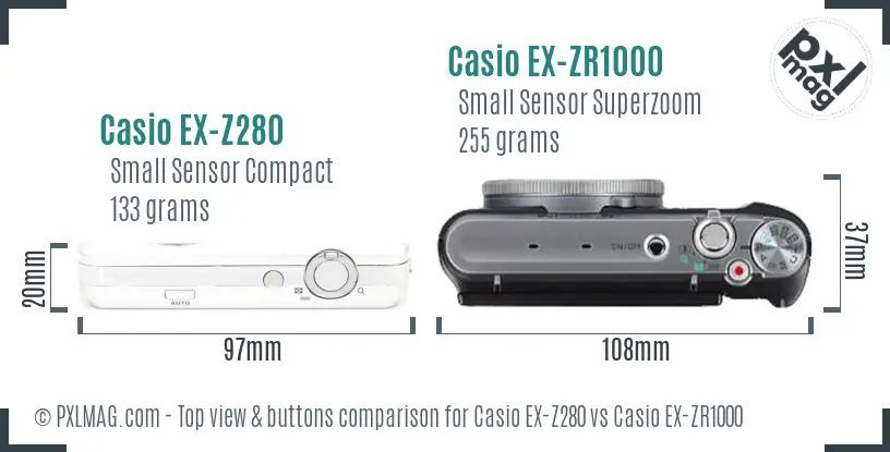 Casio EX-Z280 vs Casio EX-ZR1000 top view buttons comparison