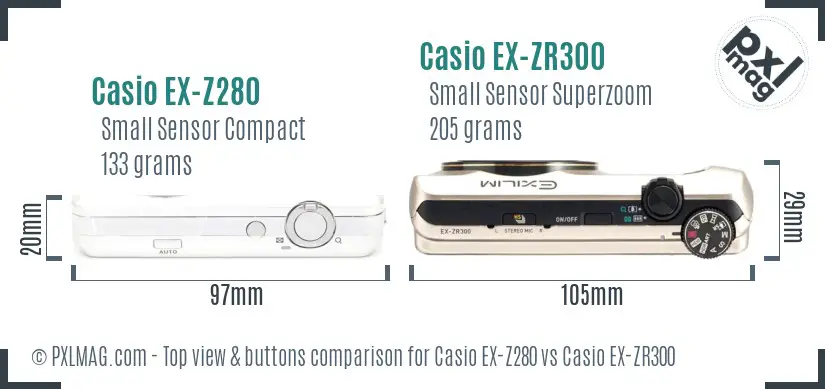 Casio EX-Z280 vs Casio EX-ZR300 top view buttons comparison
