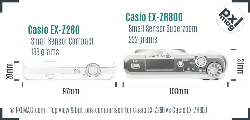 Casio EX-Z280 vs Casio EX-ZR800 top view buttons comparison