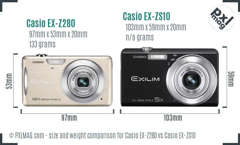 Casio EX-Z280 vs Casio EX-ZS10 size comparison