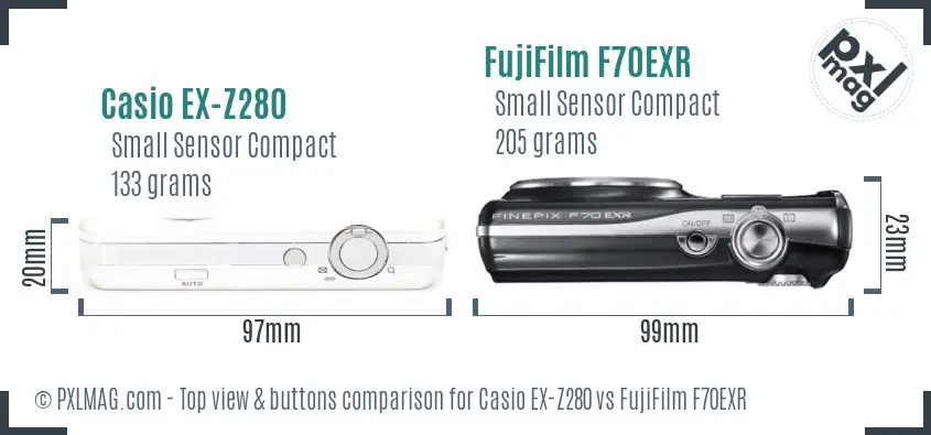 Casio EX-Z280 vs FujiFilm F70EXR top view buttons comparison Casio EX-Z280 vs FujiFilm F70EXR top view buttons comparison