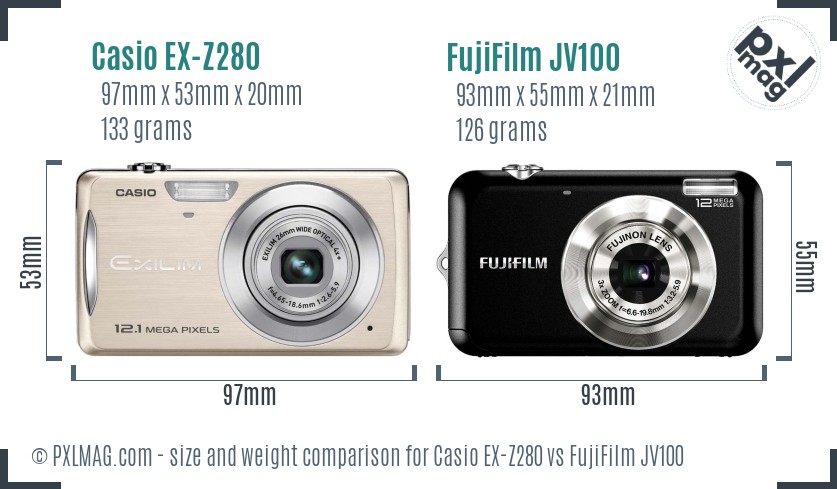 Casio EX-Z280 vs FujiFilm JV100 size comparison Casio EX-Z280 vs FujiFilm JV100 size comparison