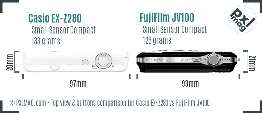 Casio EX-Z280 vs FujiFilm JV100 top view buttons comparison