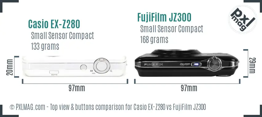 Casio EX-Z280 vs FujiFilm JZ300 top view buttons comparison