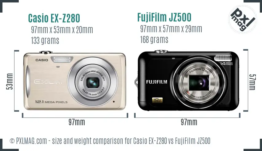 Casio EX-Z280 vs FujiFilm JZ500 size comparison