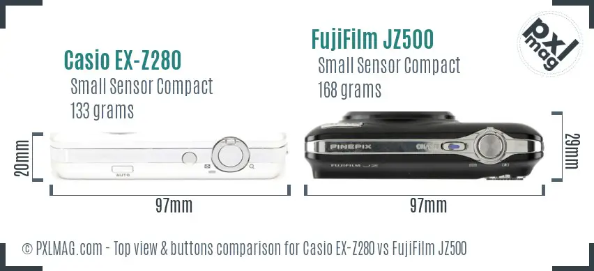 Casio EX-Z280 vs FujiFilm JZ500 top view buttons comparison