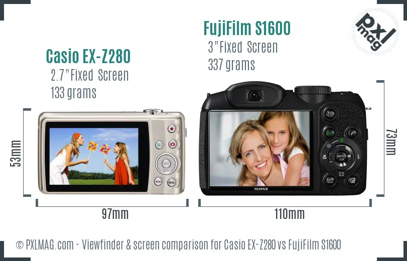 Casio EX-Z280 vs FujiFilm S1600 Screen and Viewfinder comparison