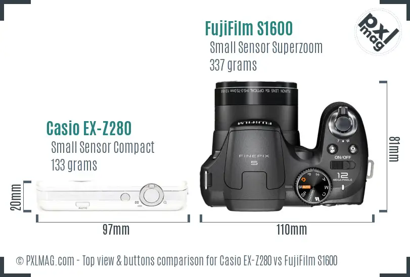 Casio EX-Z280 vs FujiFilm S1600 top view buttons comparison