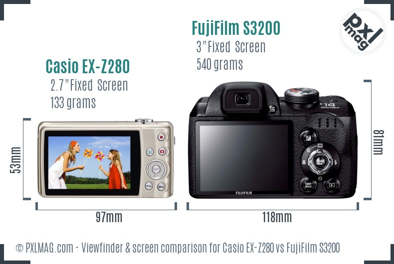 Casio EX-Z280 vs FujiFilm S3200 Screen and Viewfinder comparison