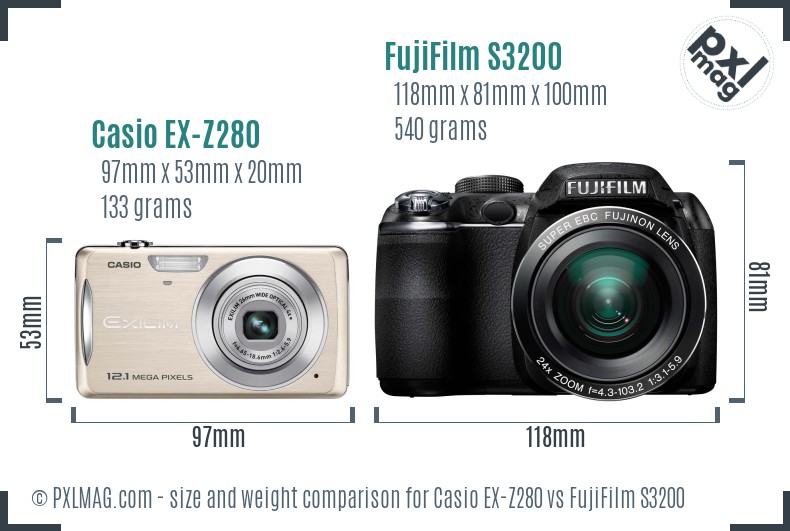 Casio EX-Z280 vs FujiFilm S3200 size comparison Casio EX-Z280 vs FujiFilm S3200 size comparison