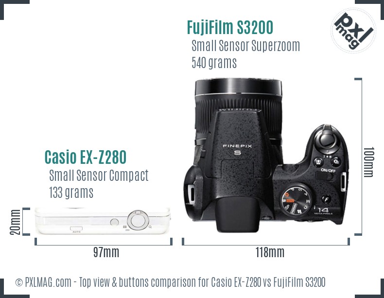 Casio EX-Z280 vs FujiFilm S3200 top view buttons comparison