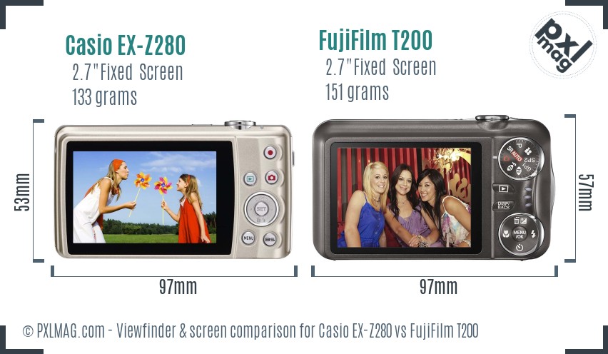 Casio EX-Z280 vs FujiFilm T200 Screen and Viewfinder comparison
