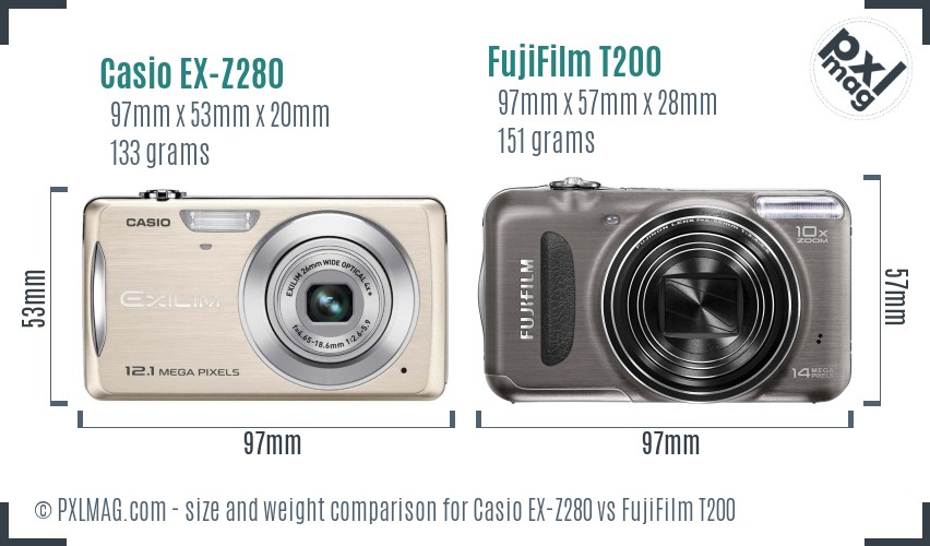 Casio EX-Z280 vs FujiFilm T200 size comparison