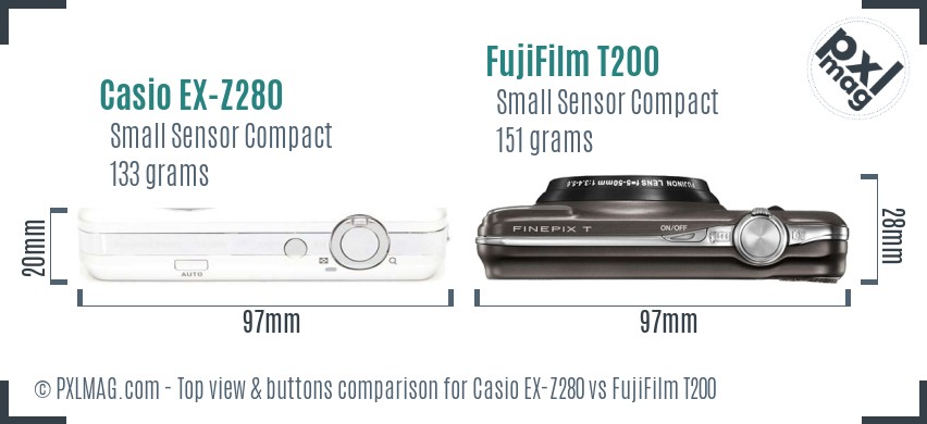 Casio EX-Z280 vs FujiFilm T200 top view buttons comparison