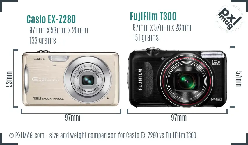 Casio EX-Z280 vs FujiFilm T300 size comparison