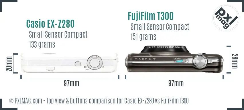 Casio EX-Z280 vs FujiFilm T300 top view buttons comparison