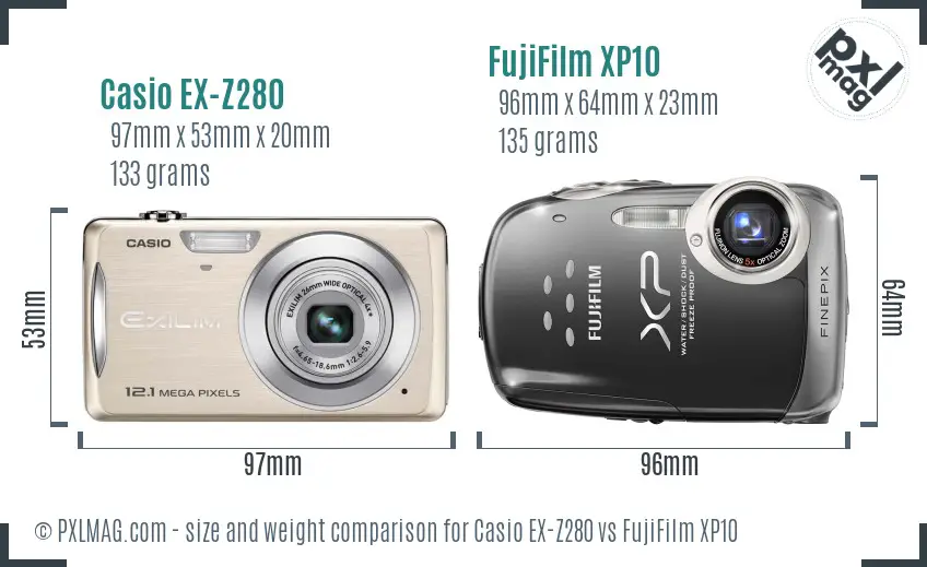 Casio EX-Z280 vs FujiFilm XP10 size comparison