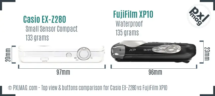 Casio EX-Z280 vs FujiFilm XP10 top view buttons comparison