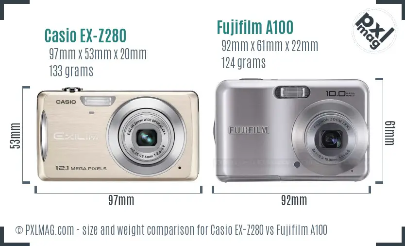 Casio EX-Z280 vs Fujifilm A100 size comparison Casio EX-Z280 vs Fujifilm A100 size comparison