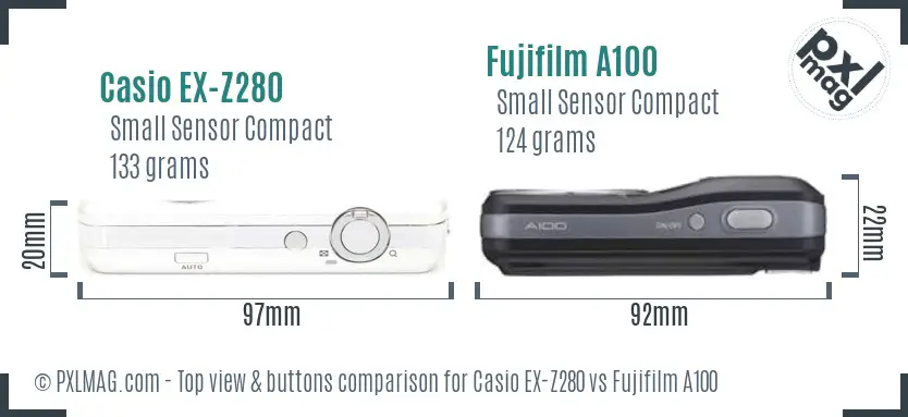 Casio EX-Z280 vs Fujifilm A100 top view buttons comparison Casio EX-Z280 vs Fujifilm A100 top view buttons comparison