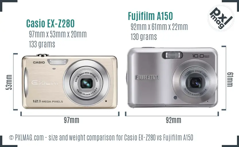 Casio EX-Z280 vs Fujifilm A150 size comparison