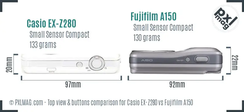 Casio EX-Z280 vs Fujifilm A150 top view buttons comparison