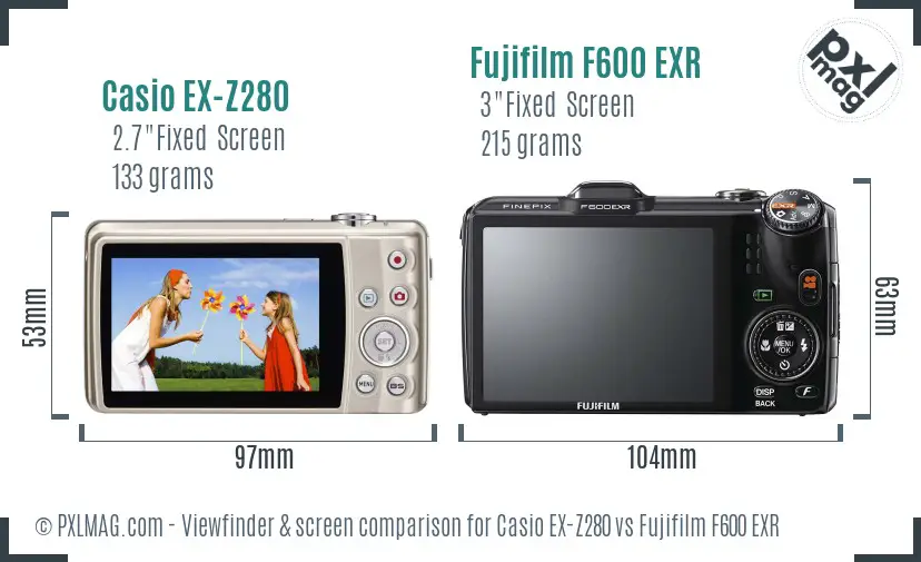 Casio EX-Z280 vs Fujifilm F600 EXR Screen and Viewfinder comparison