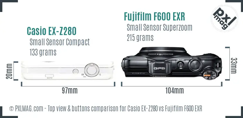 Casio EX-Z280 vs Fujifilm F600 EXR top view buttons comparison