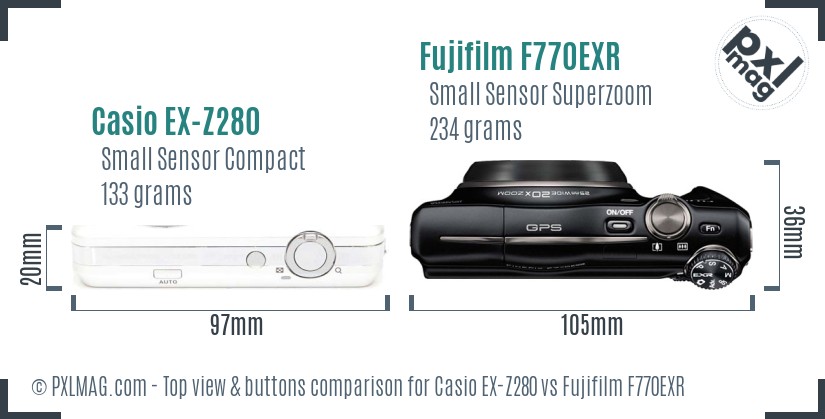 Casio EX-Z280 vs Fujifilm F770EXR top view buttons comparison