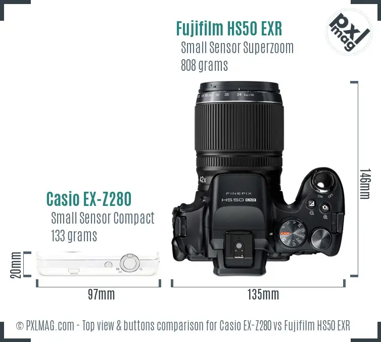 Casio EX-Z280 vs Fujifilm HS50 EXR top view buttons comparison